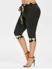 Plus Size Daisy Floral Print Skinny Belted Capri Leggings -  
