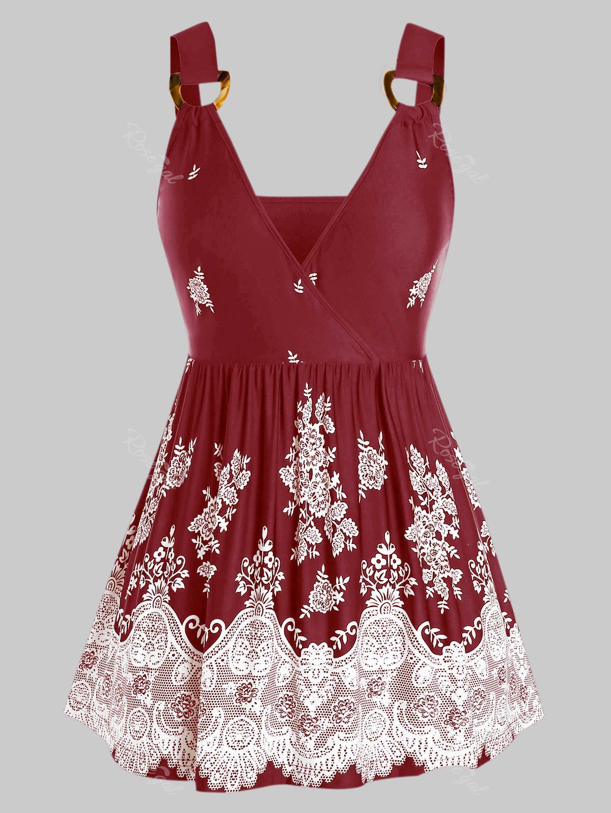 

Plus Size Flower Print D-ring Skirted Surplice Tank Top, Red wine