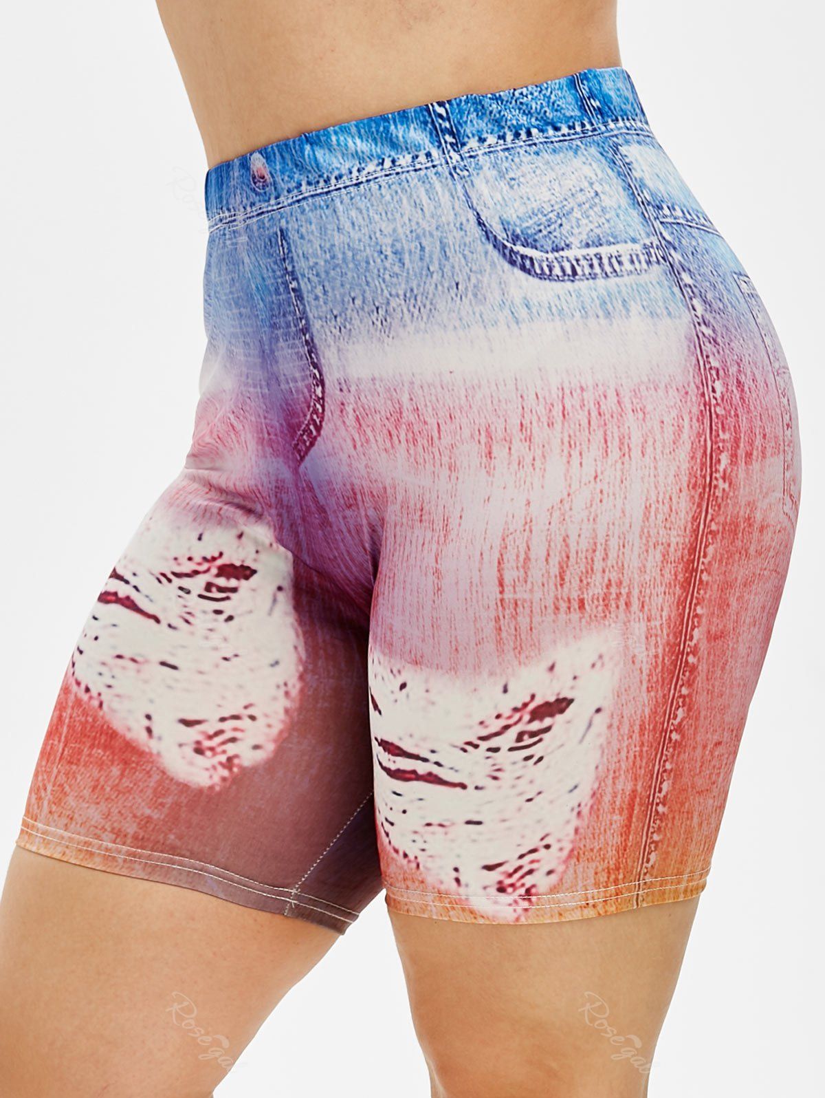 Online Plus Size 3D Denim Print High Waisted Shorts  
