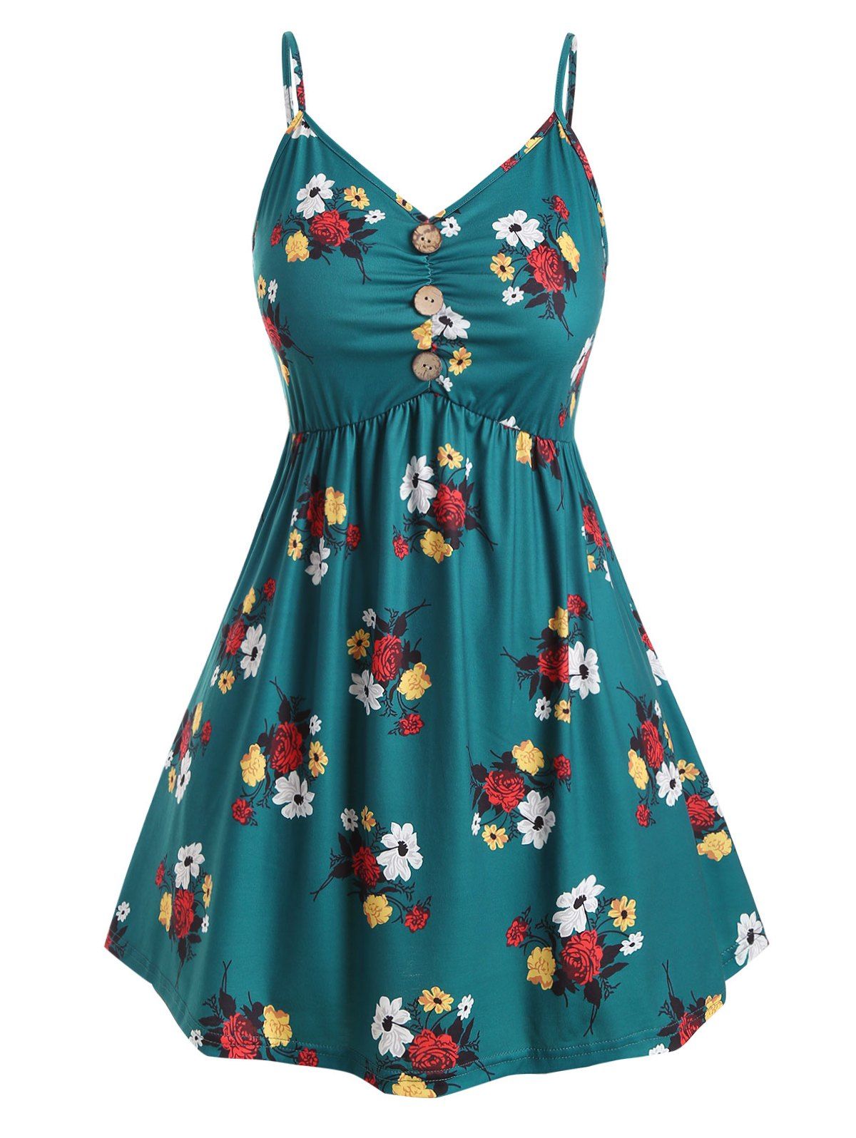 

Gathered Mock Buttons Floral Plus Size Cami Top, Deep green