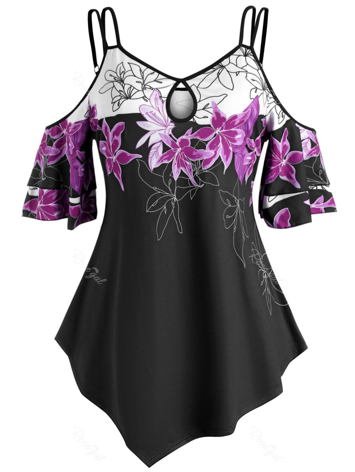 

Strappy Floral Cold Shoulder Plus Size Top, Black