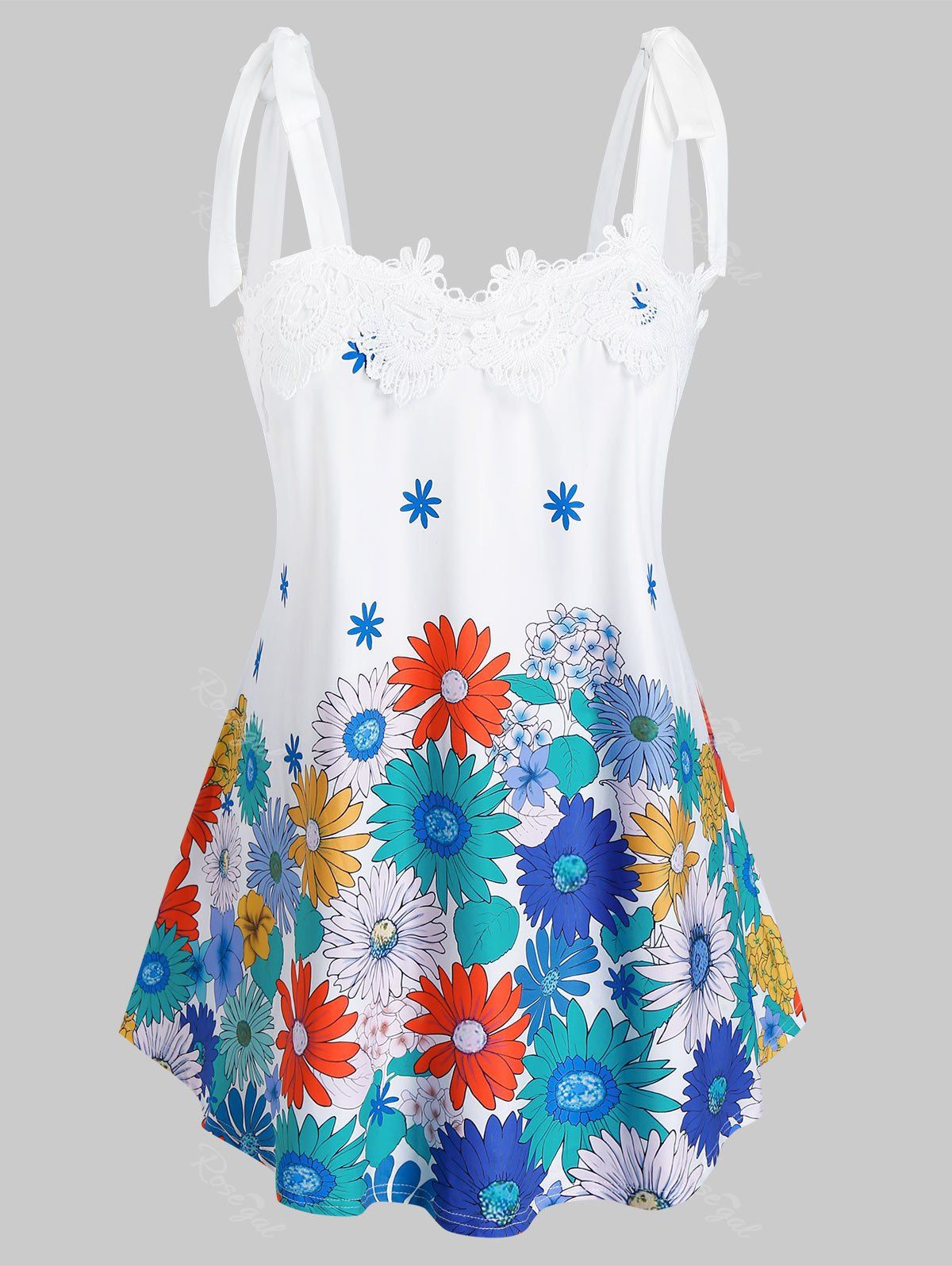 

Plus Size Flower Print Applique Tie Strap Backless Tank Top, White