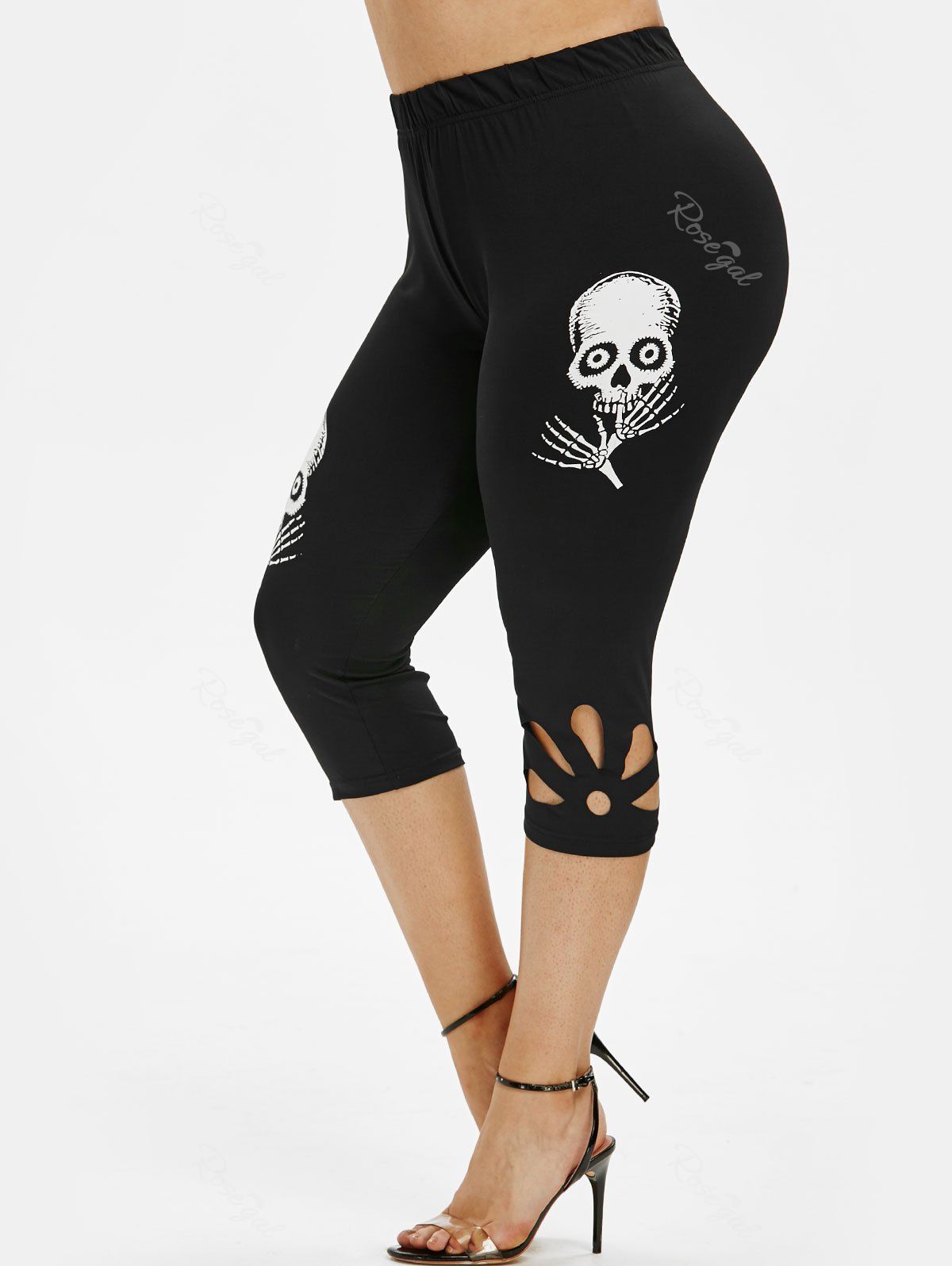 

Plus Size Skull Print Flower Hollow Out Capri Leggings, Black