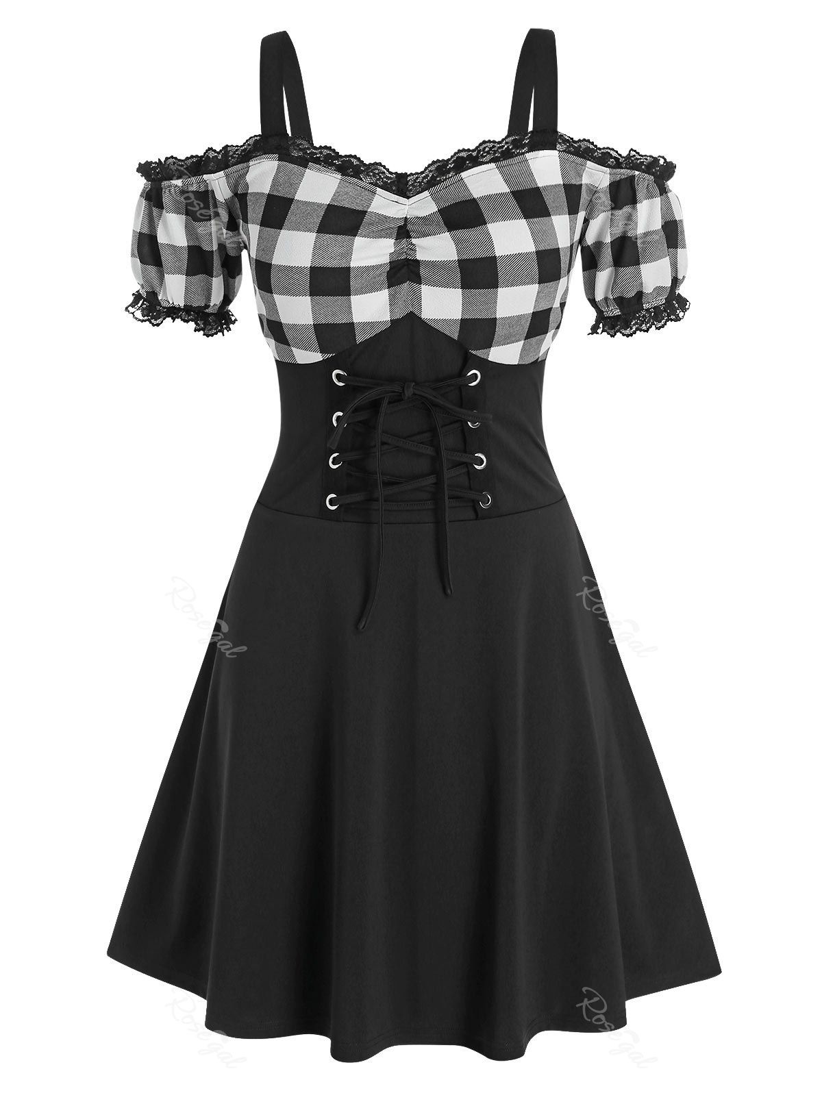 

Plus Size Lace-up Plaid Cold Shoulder Lace Panel Dress, Black