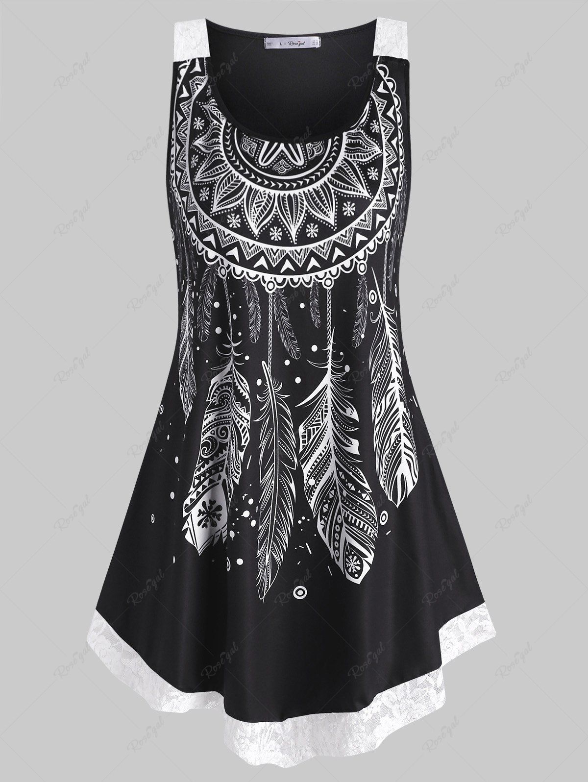 Plus Size Feather Print Lace Insert Tank Top