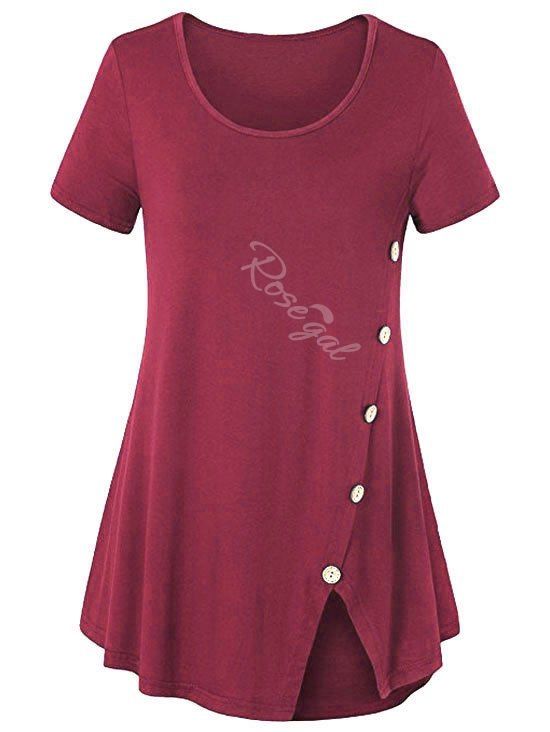 

Plus Size Front Slit Mock Buttons T Shirt, Deep red