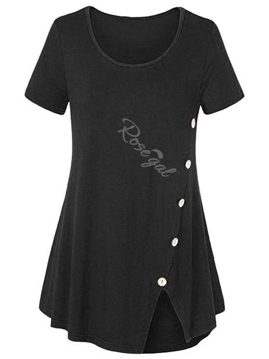 

Plus Size Front Slit Mock Buttons T Shirt, Black