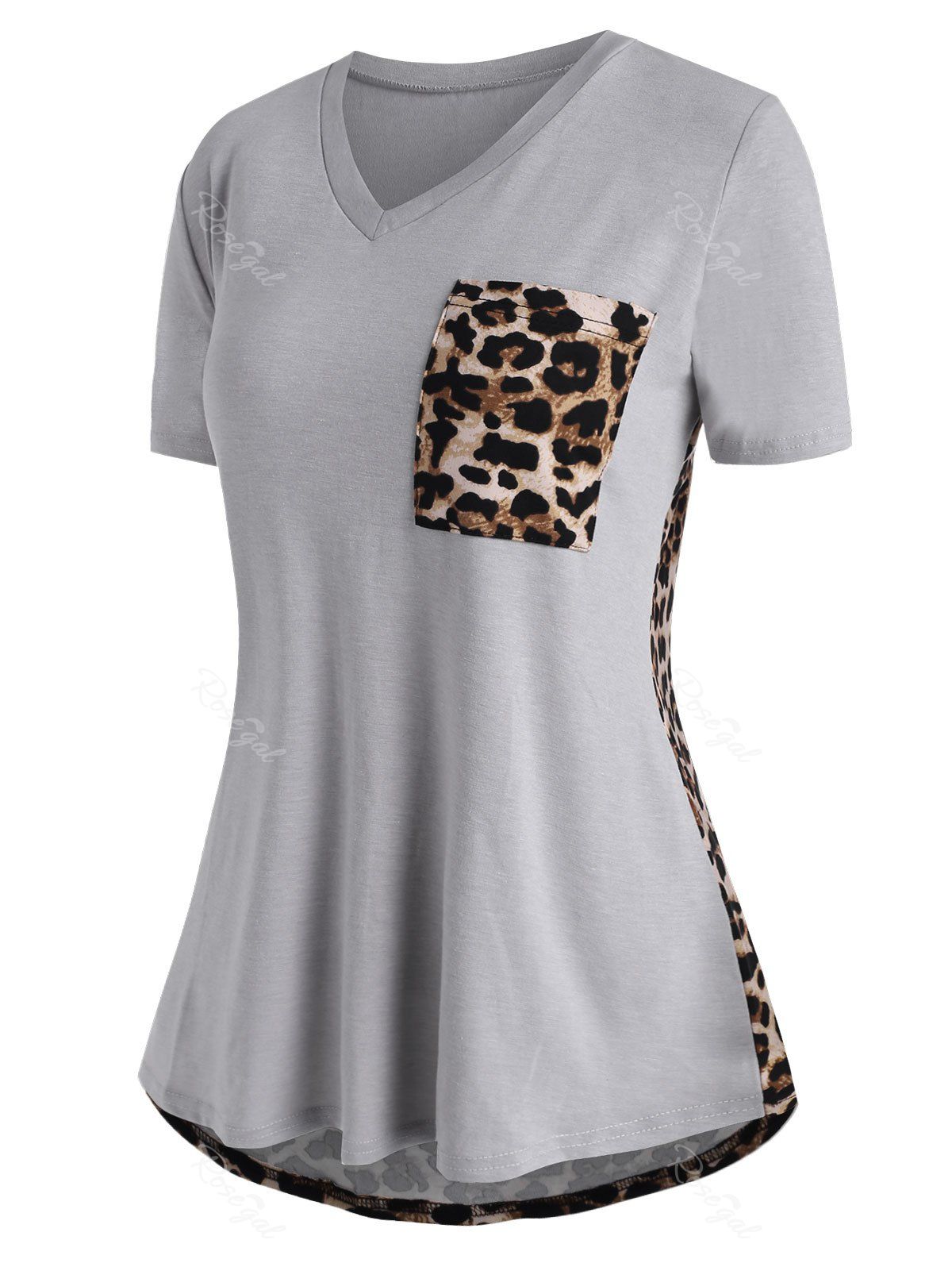 

Front Pocket V Neck Leopard Panel Plus Size Tee, Gray