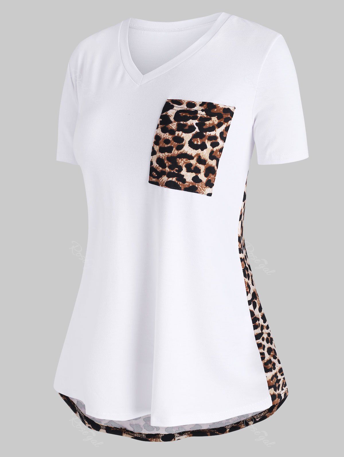 

Front Pocket V Neck Leopard Panel Plus Size Tee, White