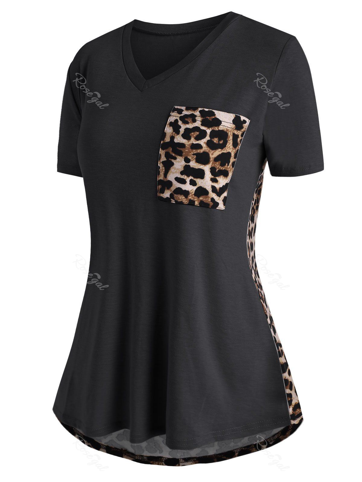 

Front Pocket V Neck Leopard Panel Plus Size Tee, Black