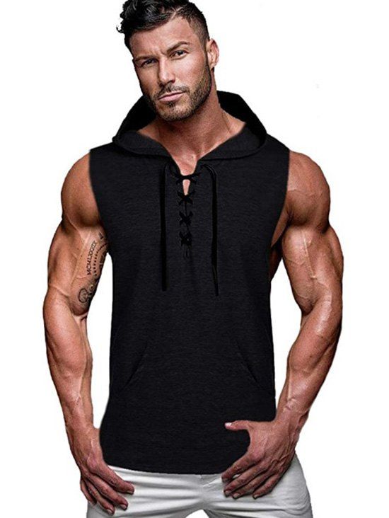 

Kangaroo Pocket Lace-up Hooded Tank Top, Black