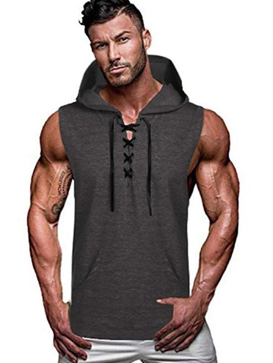 

Kangaroo Pocket Lace-up Hooded Tank Top, Gray