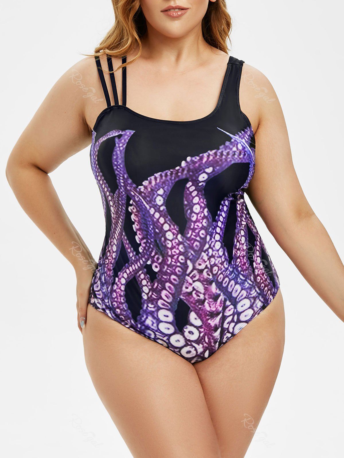 

Plus Size Octopus Print Backless Skew Collar One-piece Swimsuit, Black