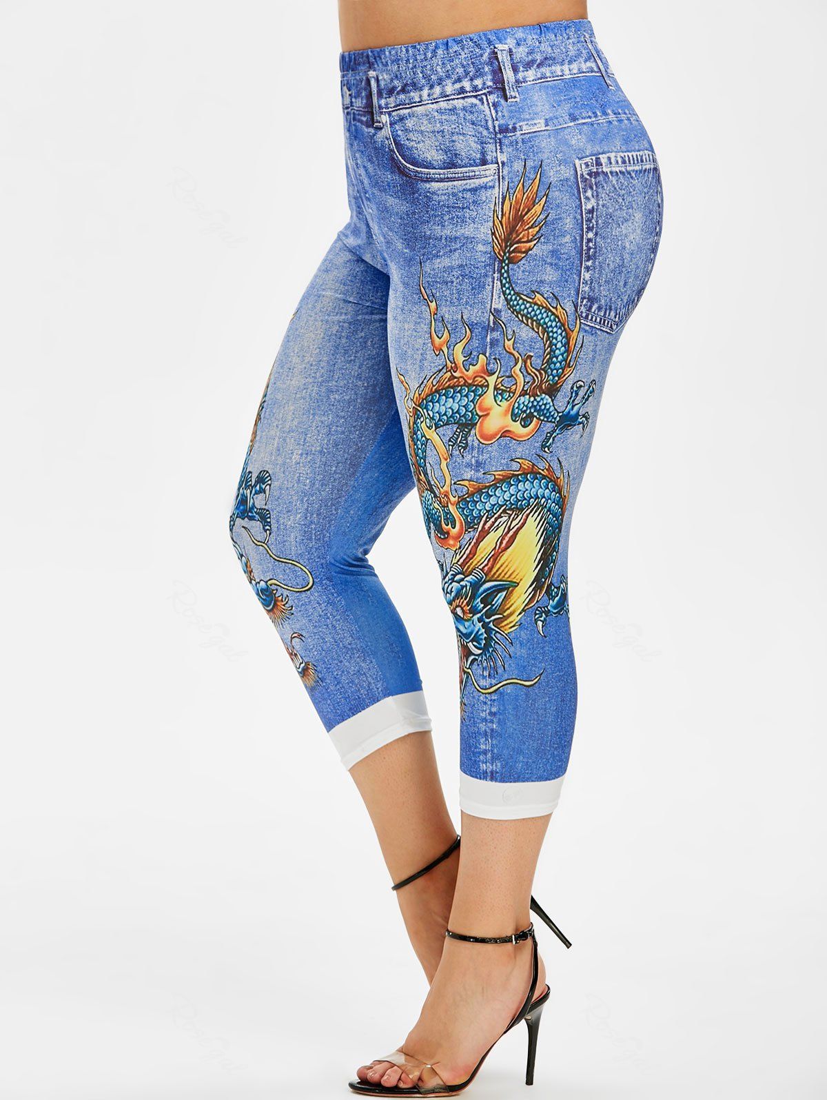 

Plus Size Oriental Dragon Print Capri Jeggings, Blue