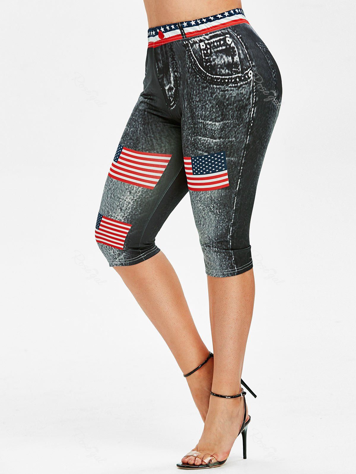 Affordable Plus Size American Flag Butterfly Print Capri Jeggings  