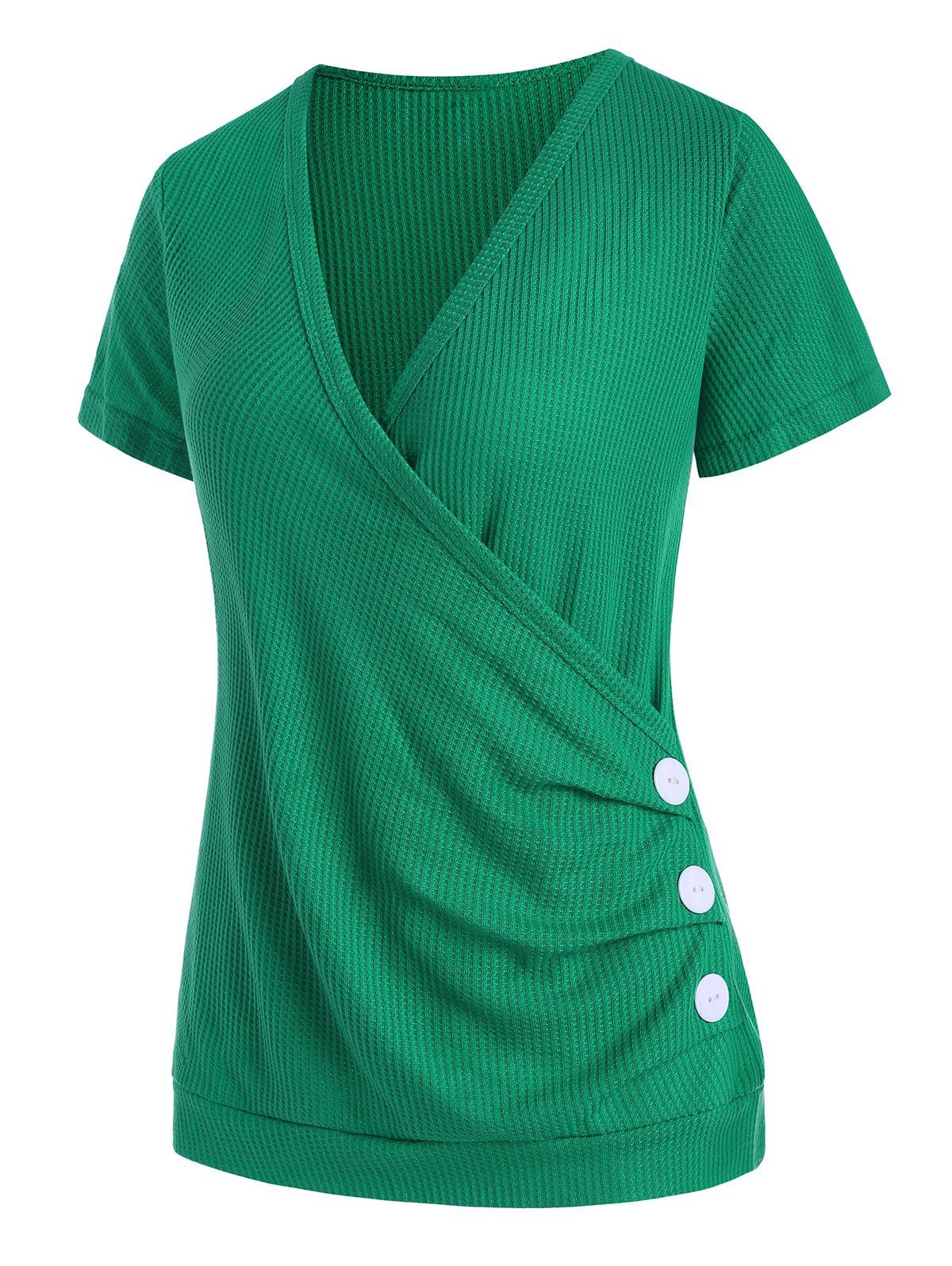 

Textured Surplice Plunge Buttoned Tee, Green