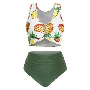 

Ruched High Waisted Pineapple Twist Front Plus Size Tankini Swimsuit, Hazel green