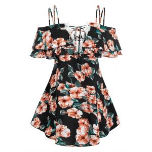 

Plus Size Floral Cold Shoulder Lace Up Ruffled Blouse, Black