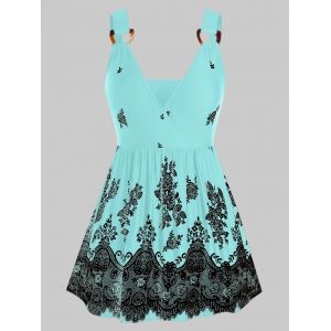 

Plus Size Flower Print D-ring Skirted Surplice Tank Top, White