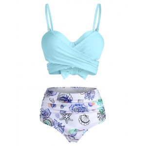 

Shell Starfish Print Tie Dye Padded Bikini Set, Light blue