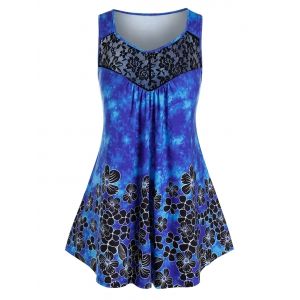 

Plus Size Flower Tie Dye Sheer Lace Yoke Tunic Tank Top, Blue