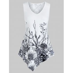 

Plus Size Lace Insert Floral Print Asymmetric Tank Top, White