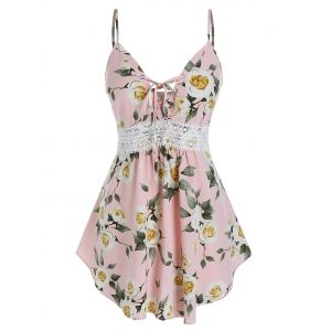 

Plus Size Flower Print Lace Up Tank Top, Light pink