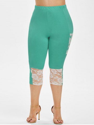 

Plus Size Lace Insert Pockets Capri Leggings, Sea turtle green