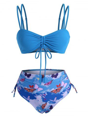 Ceñida acanalado impresión de la mariposa de talle alto de baño bikini - BLUE - L
