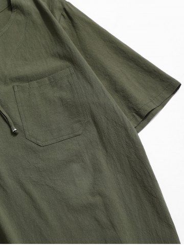 

Short Sleeve Notched Lace-up Pocket T-shirt, Deep green