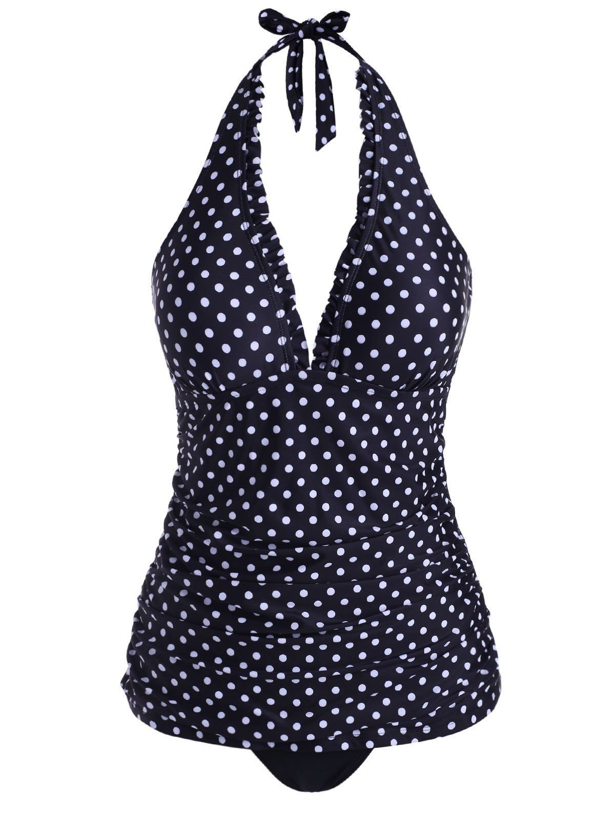 

Halter Polka Dot Frilled Tankini Swimwear, Black