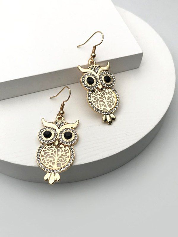 

Rhinestone Hollow Out Owl Drop Earrings, Golden