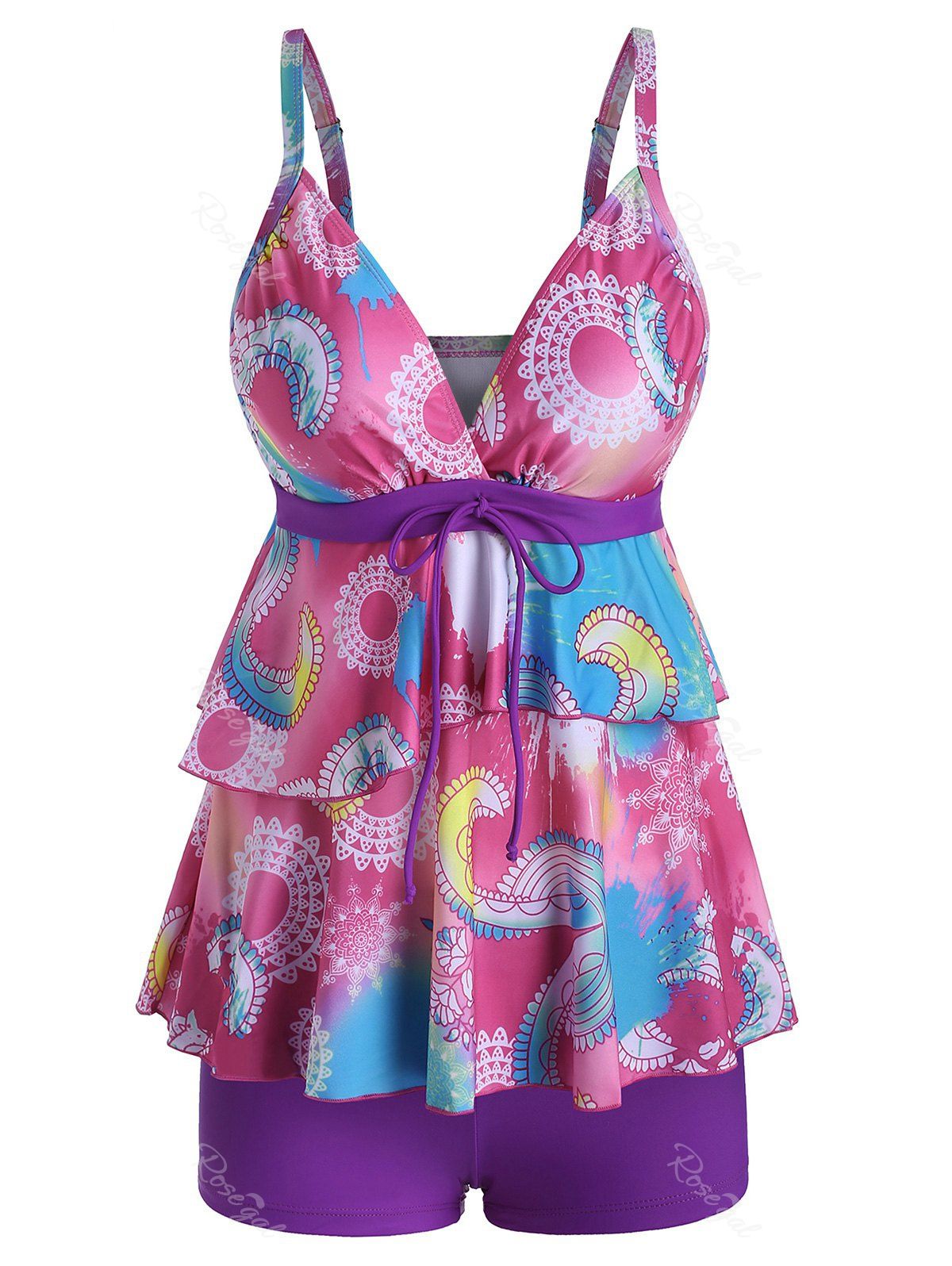 

Surplice Layered Tie Printed Tankini Swimwear, Light pink