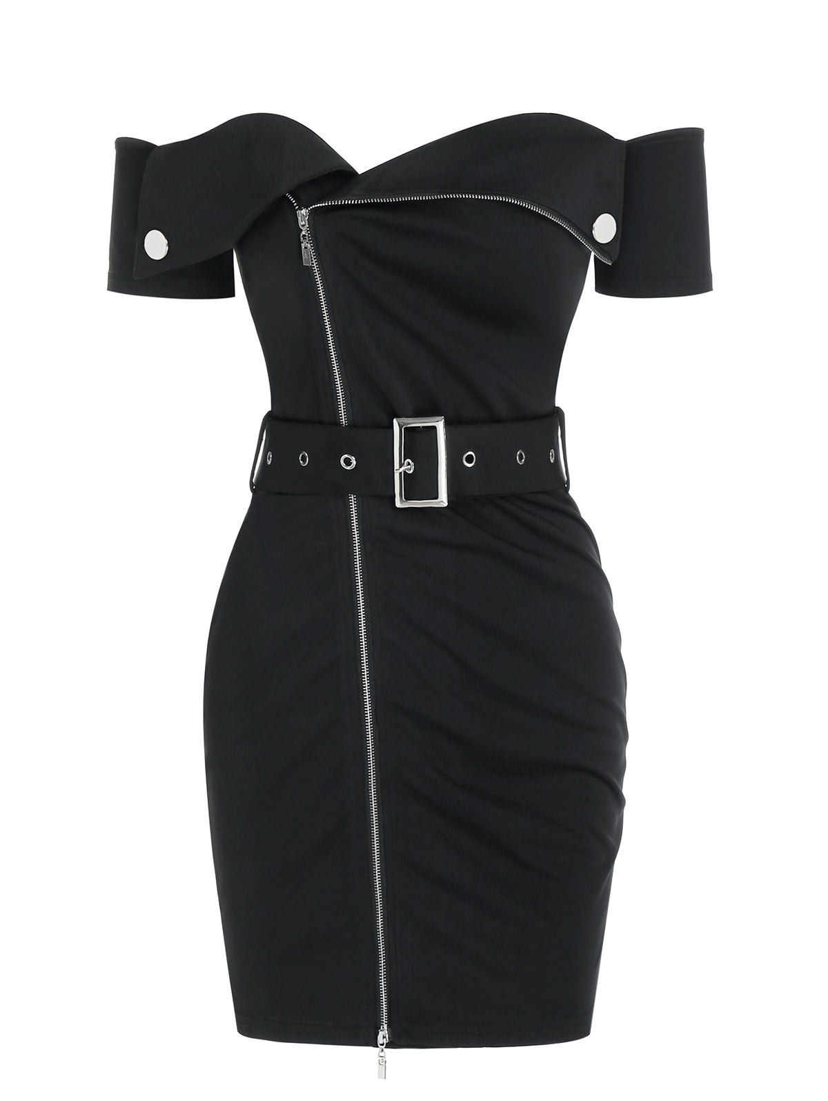 

Off Shoulder Grommet Belted Bodycon Dress, Black