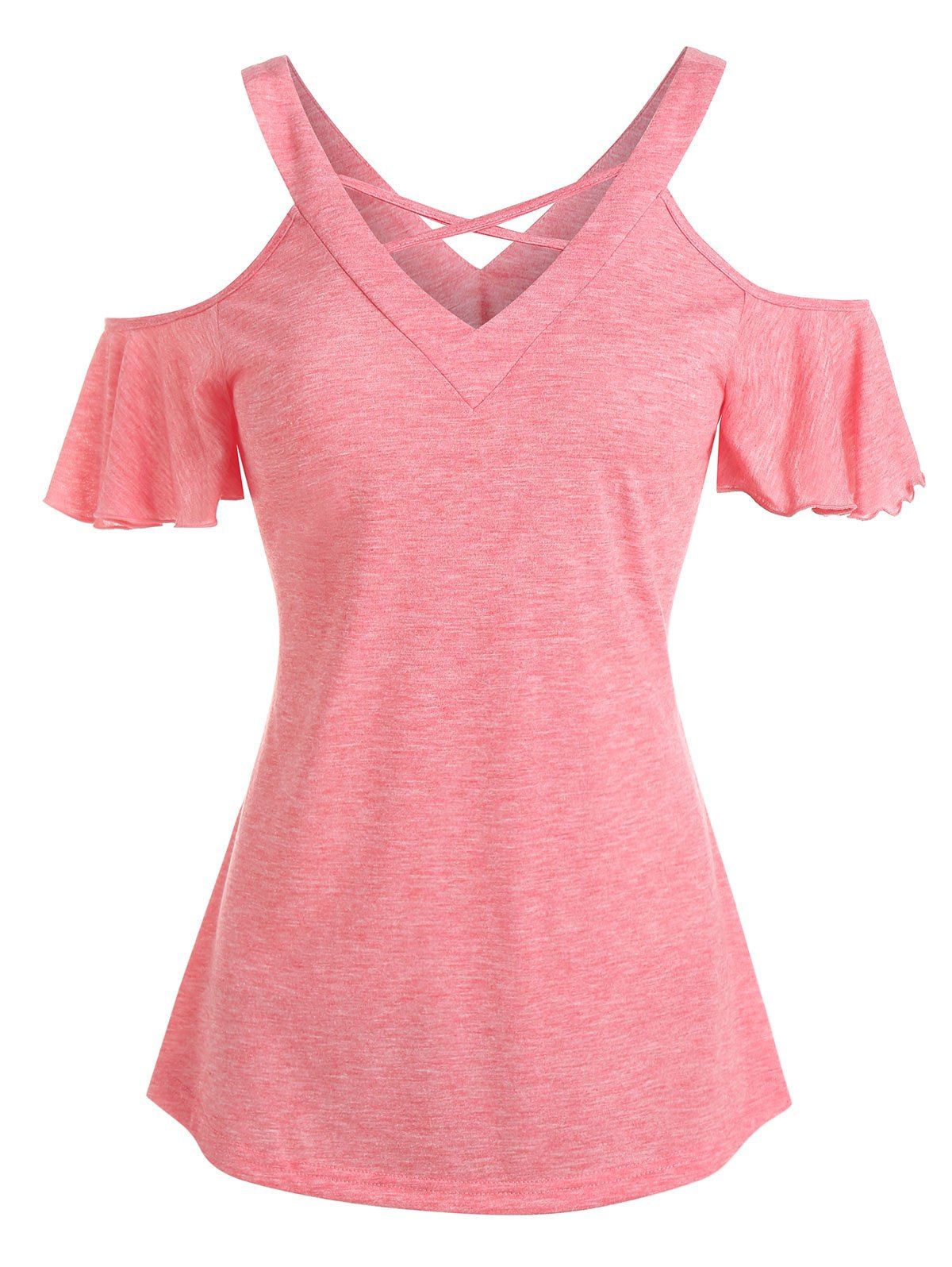 

Criss Cross Cold Shoulder Butterfly Sleeve T-Shirt, Bean red