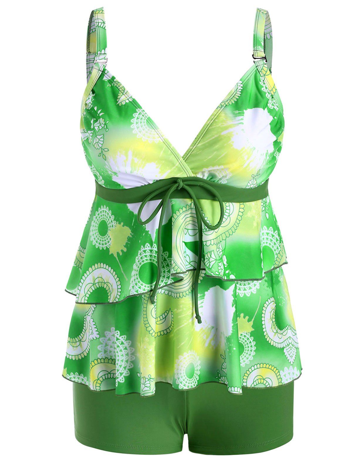 

Surplice Layered Tie Printed Tankini Swimwear, Green