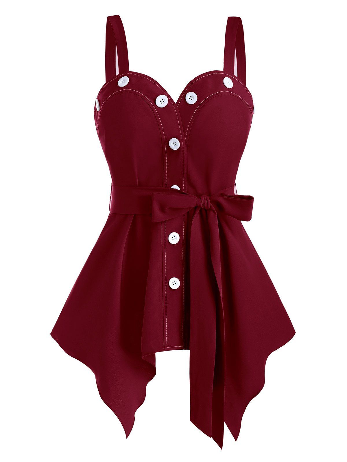 

Belted Button Through Handkerchief Tank Top, Red wine