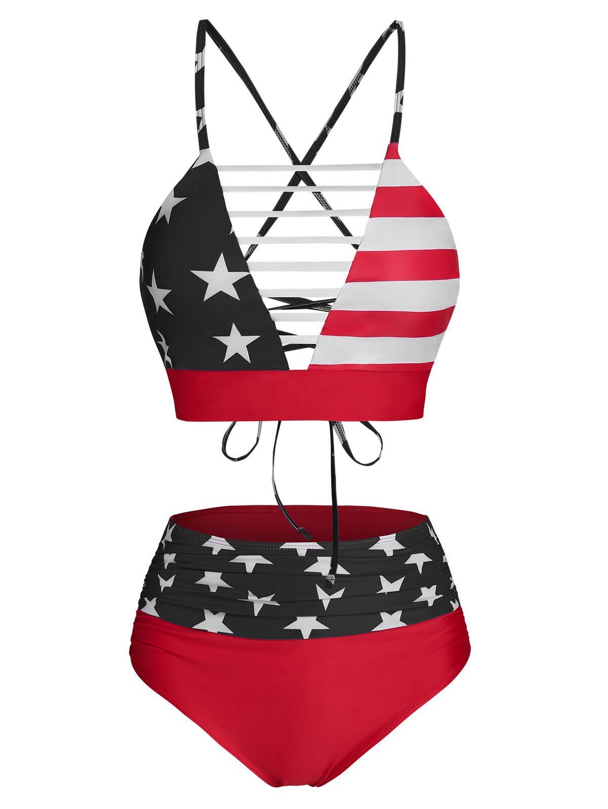 

American Flag Print Cut Out Padded Bikini Set, Black