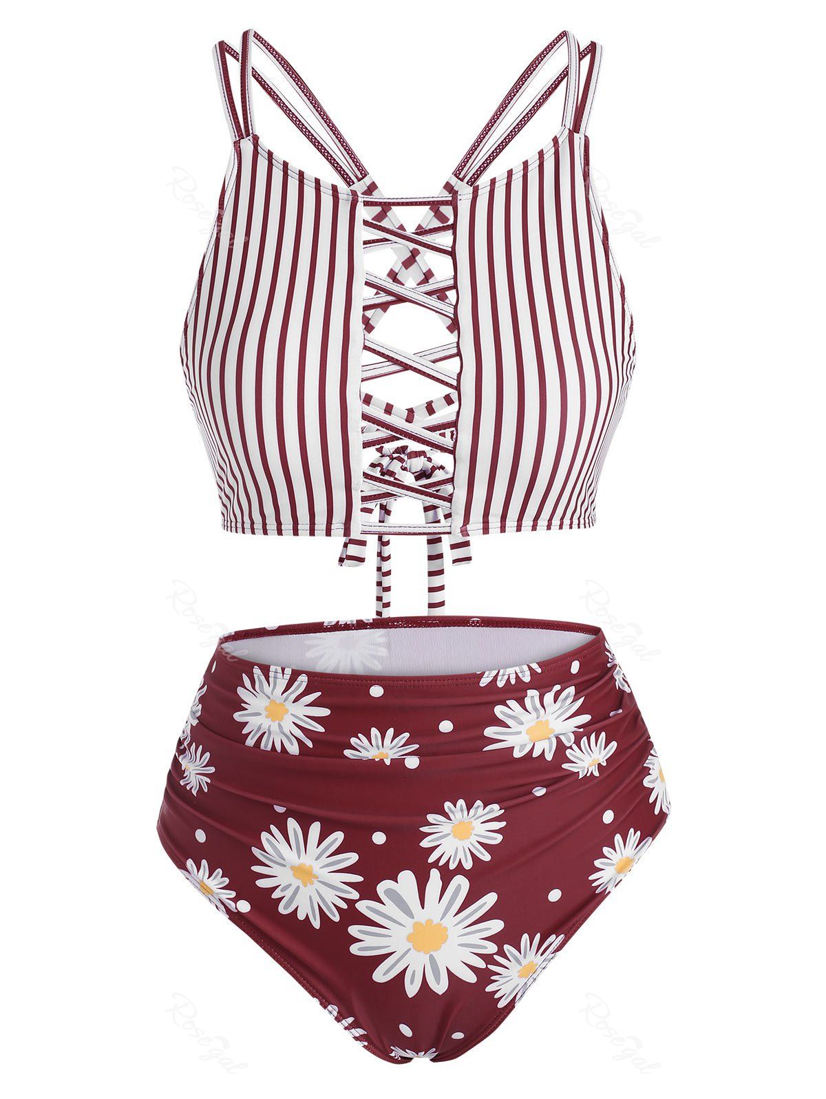 

Stripes Daisy Print Lattice Criss Cross Tankini Swimwear, Deep red