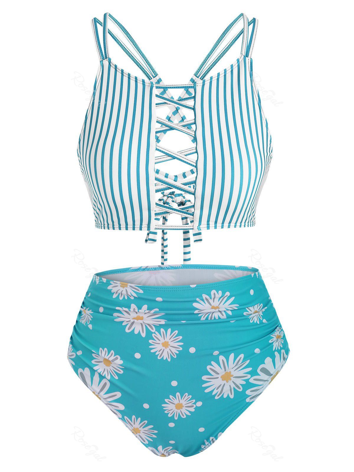 

Stripes Daisy Print Lattice Criss Cross Tankini Swimwear, Blue