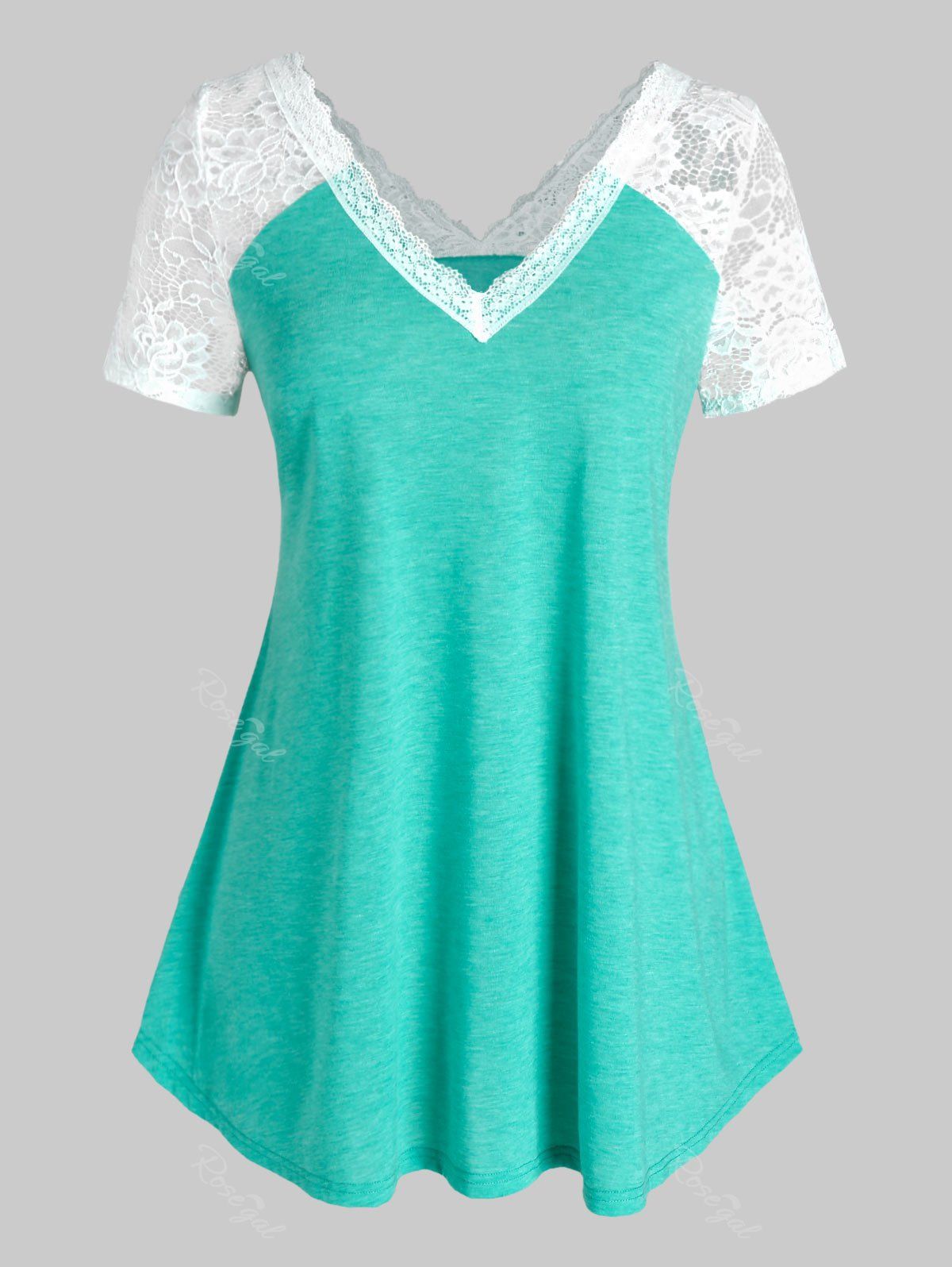 

Plus Size Raglan Sleeve Lace V Neck T Shirt, Medium turquoise