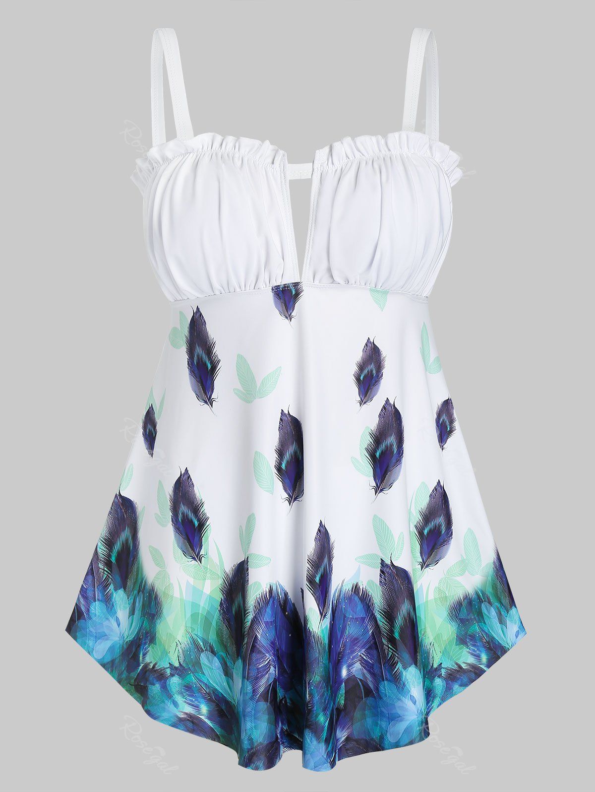 

Plus Size Ruffle Peacock Feather Empire Waist Tankini Swimwear, White