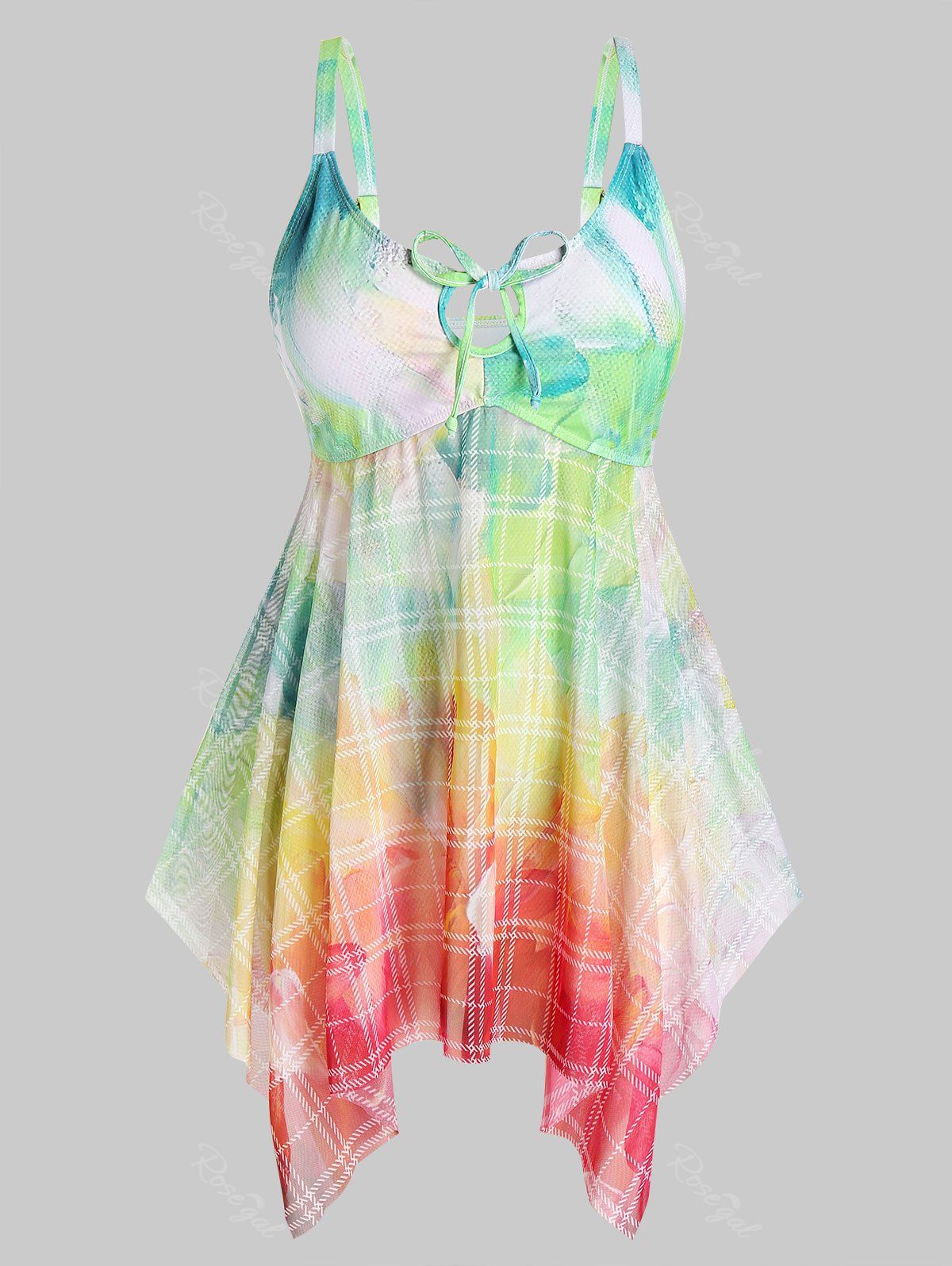 

Plus Size Handkerchief Ombre Checked Tankini Swimwear, Light green