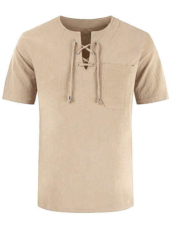 

Short Sleeve Notched Lace-up Pocket T-shirt, Light yellow