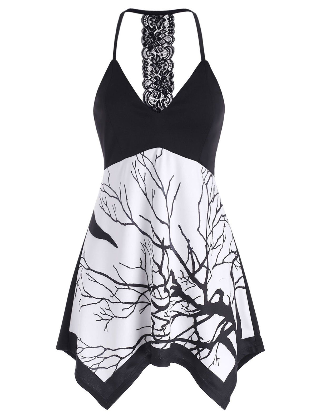 

Lace Panel Tree Print Handkerchief Tank Top, Black
