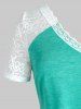 Plus Size Raglan Sleeve Lace V Neck T Shirt -  