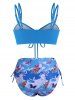 Cinched Ribbed Butterfly Print High Waisted Bikini Swimwear -  