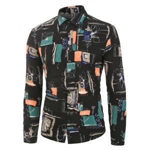 

Geometric and Flower Print Button Up Long Sleeve Shirt, Multi a