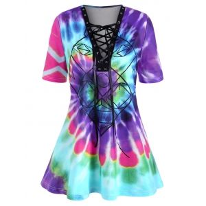 

Plus Size Lace-up Spiral Tie Dye Print Tunic Top, Purple