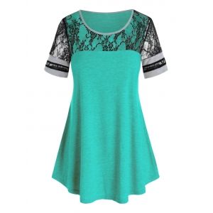 

Plus Size Flower Lace Patchwork T Shirt, Light sea green